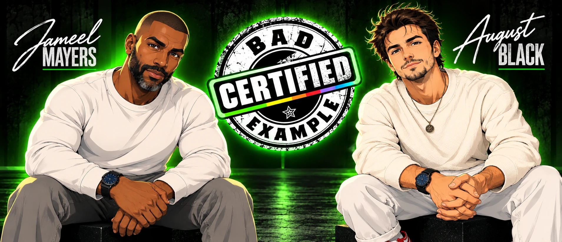 Anime-style illustrated banner featuring Jameel Mayers and August Black alongside the Certified Bad Example logo